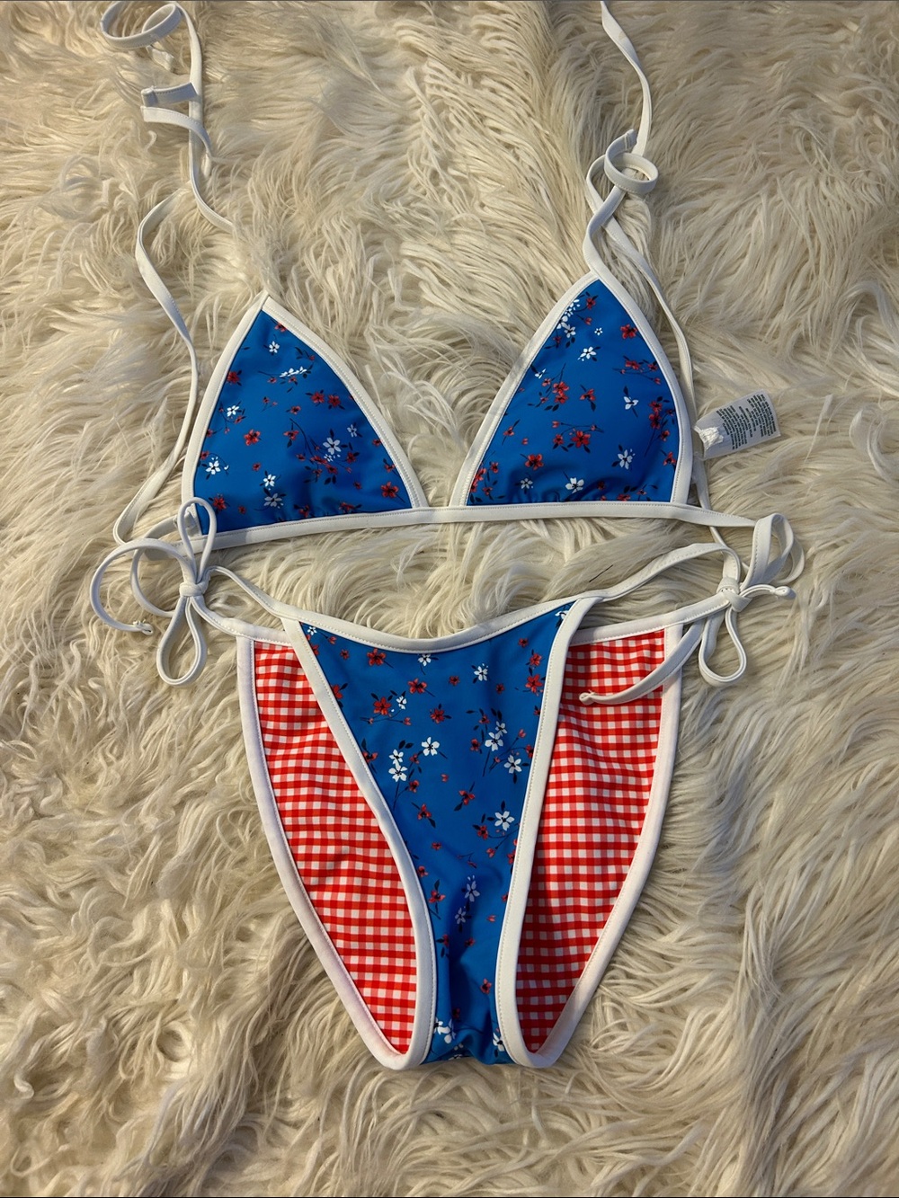 Women’s Blue Floral & Red Gingham Tie-Side Bikini